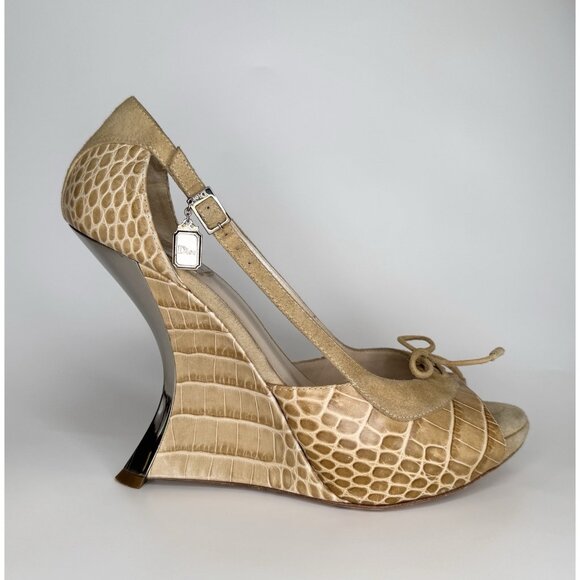 Vintage Dior Raf Simons 38.5 Beige Leather Suede Platform Heels - Picture 4 of 16